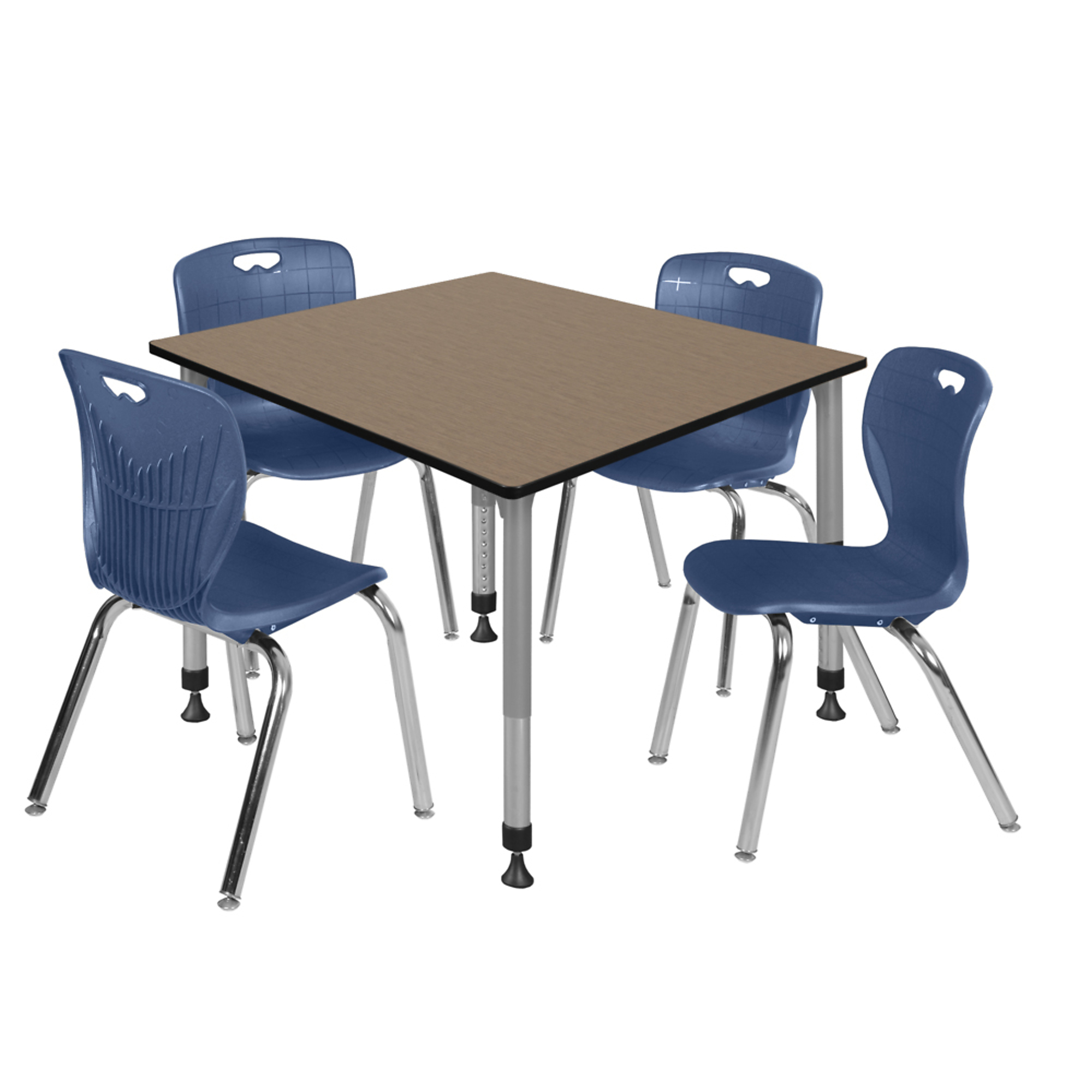 Regency Kee Adjustable Classroom Table and Chairs Set — 48in. Square Noble Oak Table, Grey Base, 4 Blue 18in. Stack Chairs, Model# TB4848NOAPGY40NV